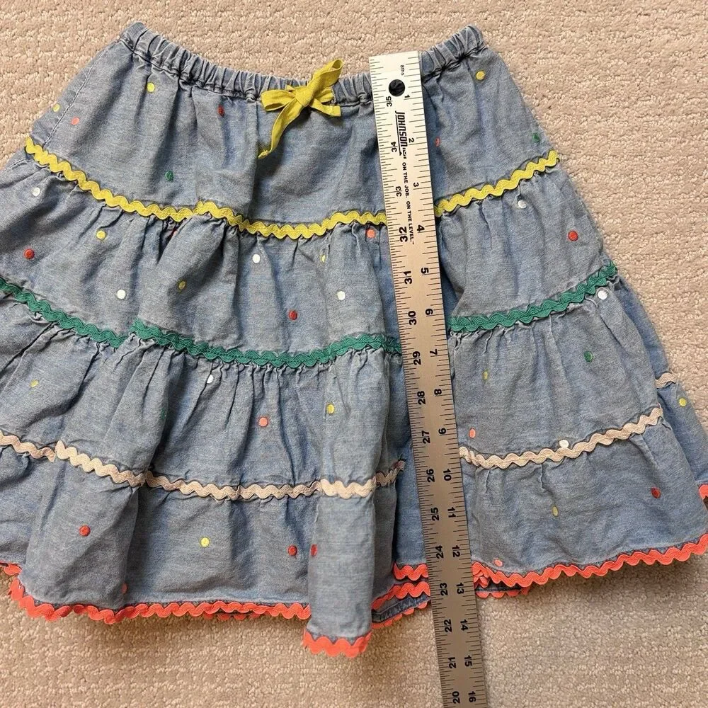 Mini Boden Denim Tiered Twirl Skirt Girls Size 3-4 Whimsy Colorful Boho Western